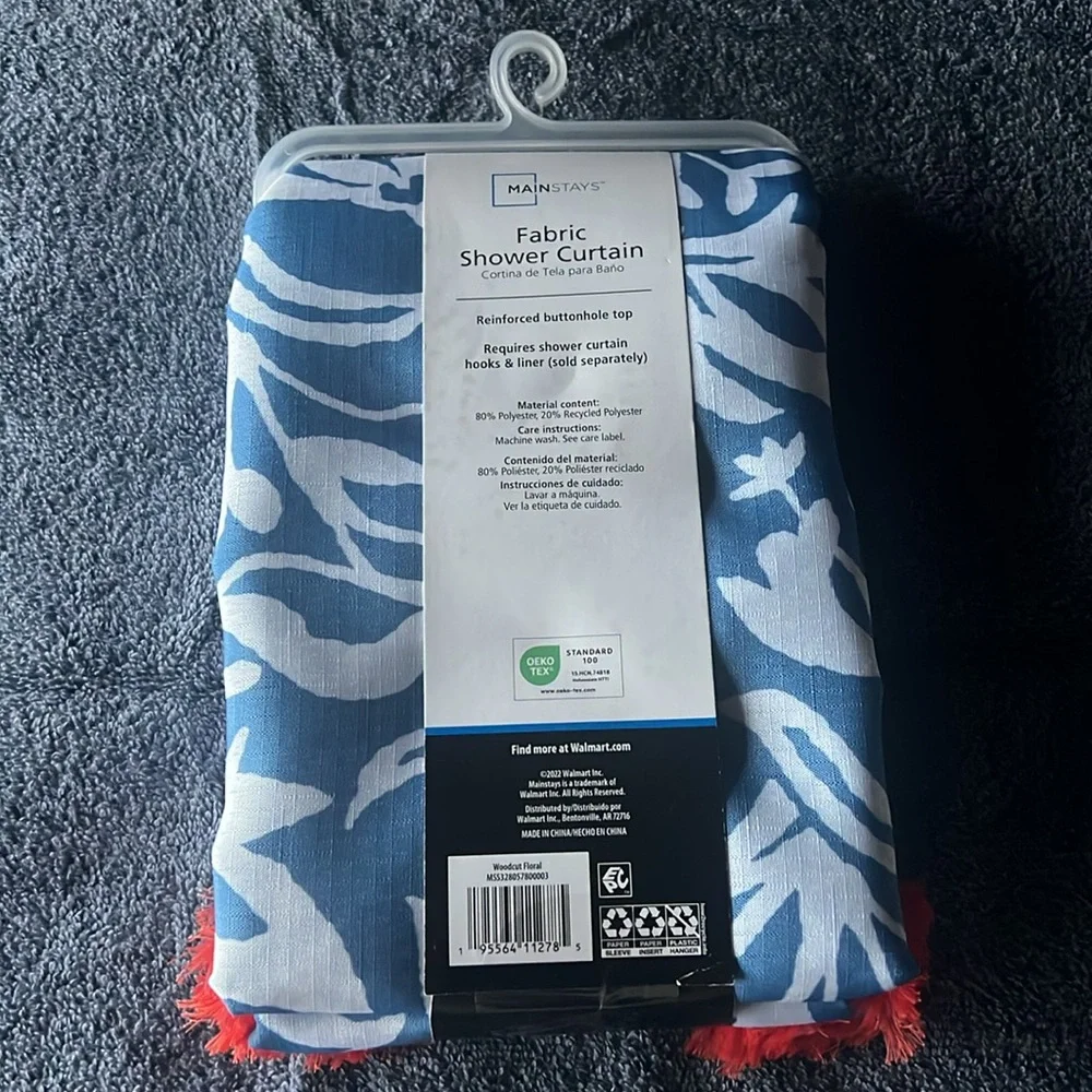 Mainstays Woodcut Floral Blue/White W)Orange Fringe Fabric Shower Curtain 72x72